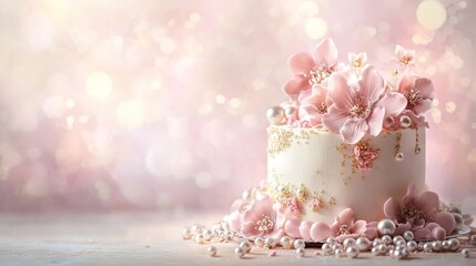 A beautiful cake. Birthday cake with chocolate and strawberries. Cake with pink and gold flowers. Colorful and Delicious Birthday cake. Happy Mother' Day. Valentine Day. Happy Birthday. Happy Wedding