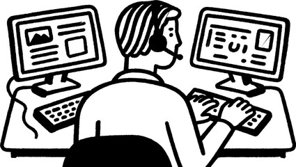 Customer support agent at dual screens - hand drawn workspace concept for business design