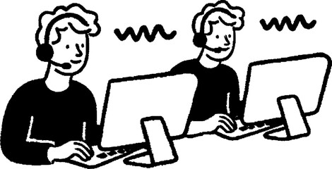 Customer support agents communicating at workstations