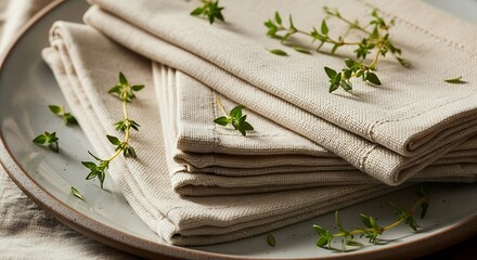 Freshly folded beige linen napkins adorned with delicate green herbs on a ceramic plate.
