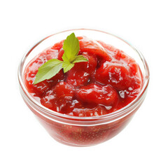 Delicious homemade strawberry sauce in glass bowl isolated on transparent background