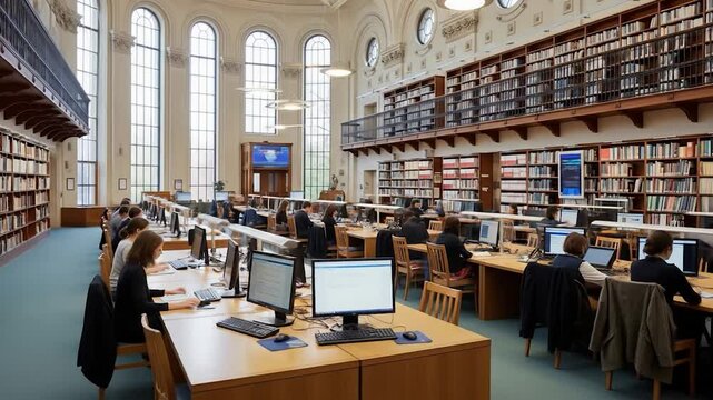 Students Researching in Grand Library: Academic Focus and Digital Learning