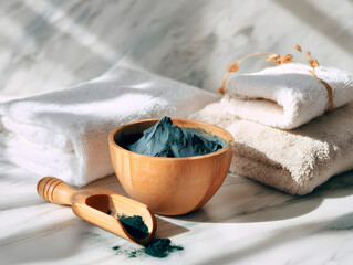 Creamy blue spirulina clay mask in a wooden bowl.