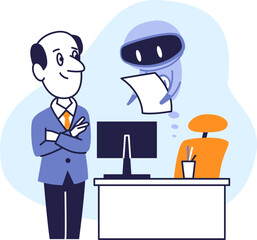Artificial Intelligence Helping Business Professional with Documents. Vector Illustration of Office Worker and AI Assistant Collaborating in Workplace.