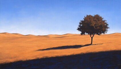 Obraz premium A solitary tree stands tall on a golden desert landscape bathed in soft sunlight