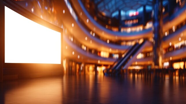 Modern shopping mall interior with escalators, empty advertising screen, and vibrant atmosphere