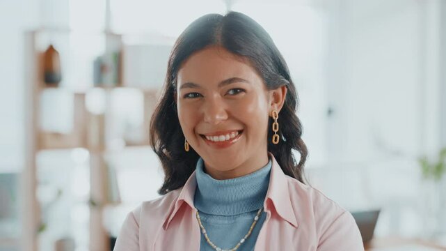 Face, intern and businesswoman with smile, confidence and job opportunity in creative agency. Happy, about us or proud female employee in administration with startup, career ambition and portrait