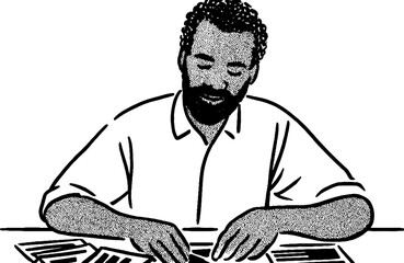 Farmer organizing seed packets at table - hand drawn sketch for agricultural design
