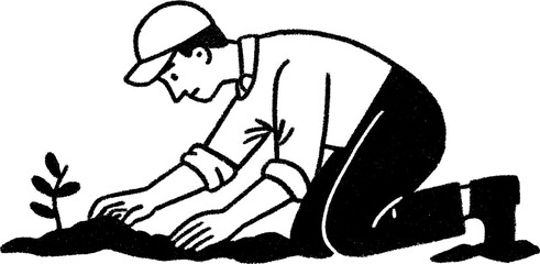 Sketch of a farmer planting seeds in turned soil, agricultural theme