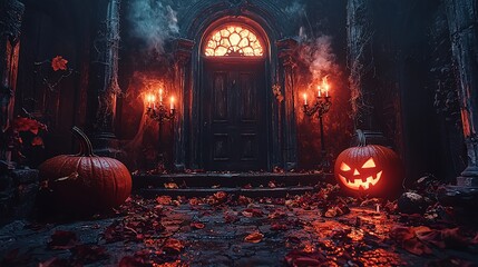 Spooky haunted house entrance.  A dark, gothic-style doorway, illuminated by candles and a glowing jack-o'-lantern, sits at the center of a stone-paved entranceway.  Two large pumpkins