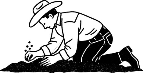 Fototapeta premium Farmer planting seeds in freshly turned soil - rustic farming scene