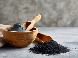 Black charcoal facial mask with creamy texture inside a wooden bowl.