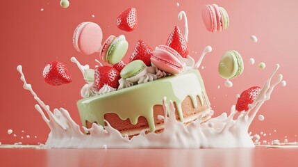A cake with chocolate, strawberries, and macarons. Colorful macarons. Beautiful macarons. Macarons on an elegant cake. Delicious desserts and confectionery products. Copy space area