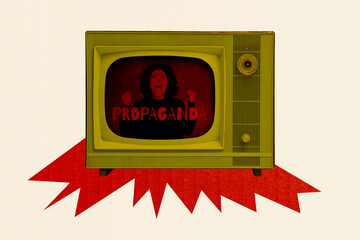 Composite zine pop trend collage of angry girl peek television monitor .fake news agitation social...