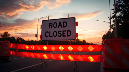 Road closed sign blocking road at sunset with red warning lights