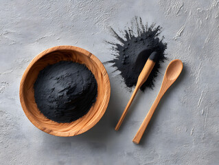 Black charcoal facial mask with creamy texture inside a wooden bowl.