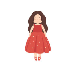 Cute doll with long hair in red dress, children toy. Vector illustration in flat style isolated on white background