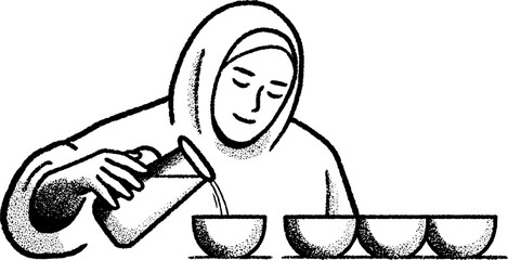 Grandmother pouring tea into delicate cups hand drawn sketch with warm feel