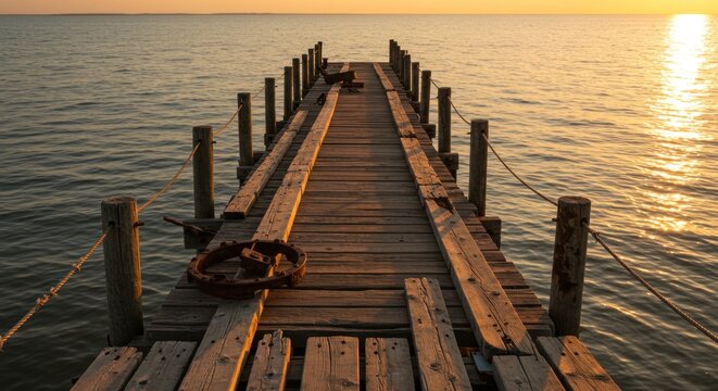 Dilapidated wooden pier stretches toward a shimmering sunset on a tranquil ocean horizon