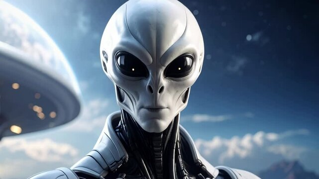 Grey alien standing in front of a classic UFO spacecraft, portrait of a extraterrestrial humanoid with large eyes against a blue sky with clouds.
