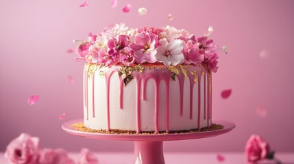 A beautiful cake. Birthday cake with chocolate and strawberries. Cake with pink and gold flowers. Colorful and Delicious Birthday cake. Happy Mother' Day. Valentine Day. Happy Birthday. Happy Wedding 