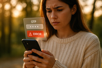 Young woman holding receiving digital error message for incorrect OTP entry, symbolizing secure login failure and mobile verification issues, OTP error, mobile verification, login failure, incorrect 
