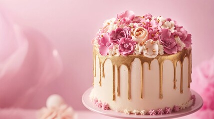 A beautiful cake. Birthday cake with chocolate and strawberries. Cake with pink and gold flowers. Colorful and Delicious Birthday cake. Happy Mother' Day. Valentine Day. Happy Birthday. Happy Wedding 