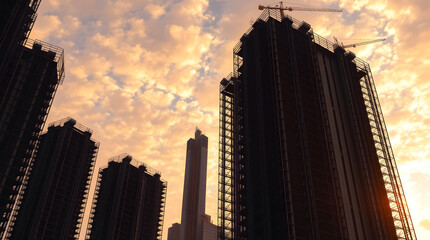 Construction cranes building modern skyscrapers at sunset