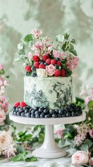 Cake with flowers and berries on top. Cake with fruits. Birthday cake. Colorful and Delicious Birthday cake. Beautiful cake. Happy Mother's Day. Valentine Day. Happy Birthday. Happy Wedding
