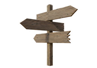 Rustic wooden signpost with three directional arrows against a transparent backdrop, perfect for conveying choices and guidance.