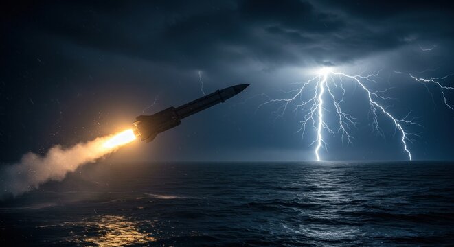 Energetic launch of a rocket amidst a stormy sea with lightning strikes and turbulent skies