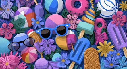 Vibrant summer illustration filled with beach balls, sunglasses, ice cream, popsicles, float rings, and flowers, perfect for travel promos and holiday banners. High quality