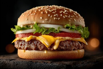 Delicious cheeseburger with fresh toppings gourmet burger food photography