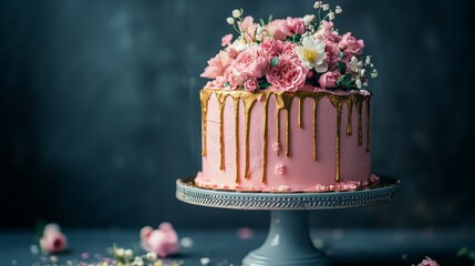A beautiful cake. Birthday cake with chocolate and strawberries. Cake with pink and gold flowers. Colorful and Delicious Birthday cake. Happy Mother' Day. Valentine Day. Happy Birthday. Happy Wedding 