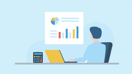 Person working at desk with laptop, calculator, and data chart for financial analysis and planning