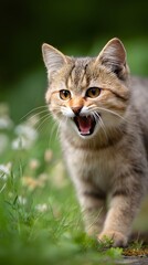 Tabby Cat Walking Outdoors with Open Mouth &ndash; Close-Up of Striped Feline in Motion on Green Grass with Whiskers and Expressive Eyes