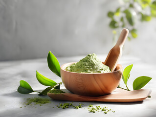 Matcha clay facial mask in a wooden bowl.