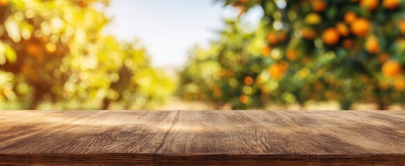 The rustic wooden table in a vibrant orange orchard under sunlight.