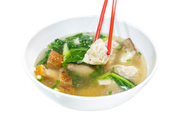 Top view of Dumpling water or wonton soup, focus selective