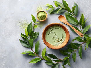 Matcha clay facial mask in a wooden bowl.