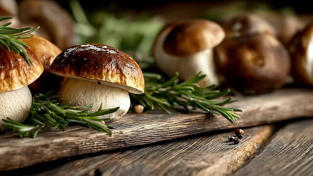 Fresh Porcini Mushrooms With Rosemary Sprigs on Rustic Wooden Table Food Still Life