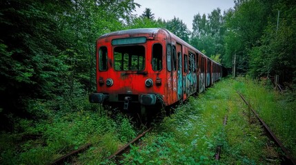 Obraz premium Abandoned red train in overgrown woods