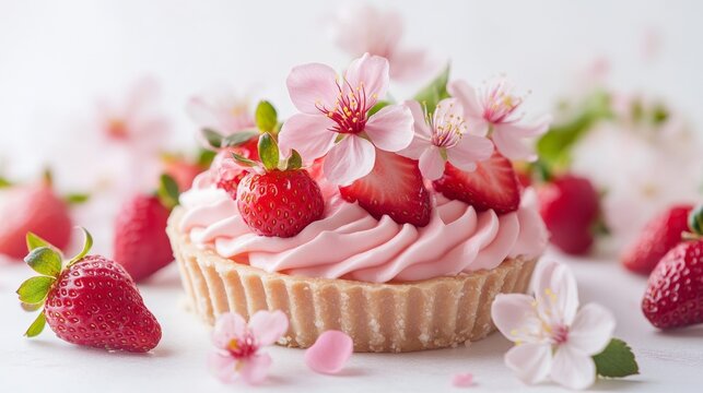 A small tart with pink cream and fresh strawberries. Ice cream strawberries. Delicious food. Sweet food. Delectable dessert. cake strawberries with cherry blossoms Food photography