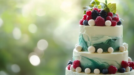 Cake with flowers and berries on top. Cake with fruits. Birthday cake. Colorful and Delicious Birthday cake. Beautiful cake. Happy Mother's Day. Valentine Day. Happy Birthday. Happy Wedding