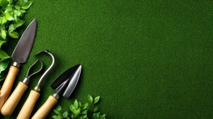 A collection of gardening tools arranged on a vibrant green surface with foliage accents