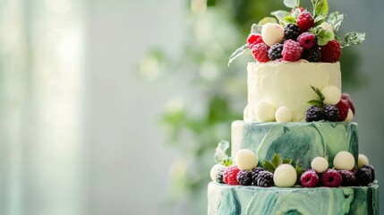 Cake with flowers and berries on top. Cake with fruits. Birthday cake. Colorful and Delicious Birthday cake. Beautiful cake. Happy Mother's Day. Valentine Day. Happy Birthday. Happy Wedding