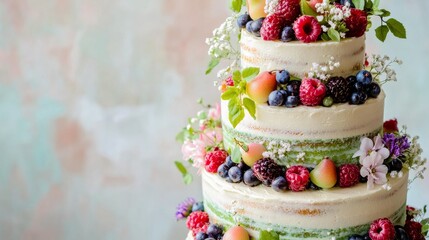 Cake with flowers and berries on top. Cake with fruits. Birthday cake. Colorful and Delicious Birthday cake. Beautiful cake. Happy Mother's Day. Valentine Day. Happy Birthday. Happy Wedding