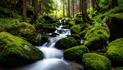 Fototapeta premium Forest Stream Flowing Through Mossy Rocks