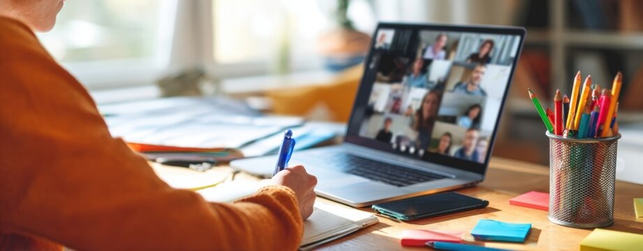 The person participating in a virtual meeting while taking notes.