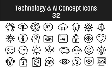 Technology and Artificial Intelligence Icon Set, 32 Modern Line Style Vectors, for AI, Cloud, and Machine Learning UI